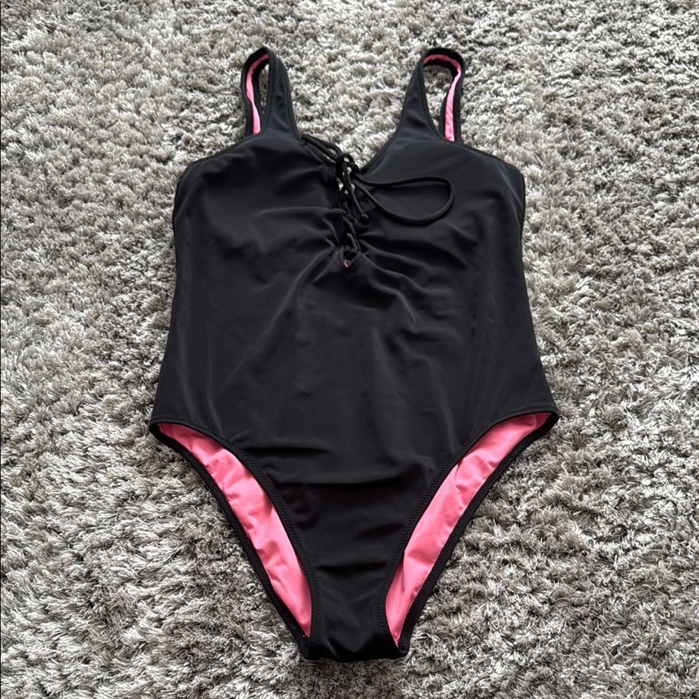 PINK Victoria's Secret Black and Pink One Piece Swimsuit with Ruched Bust